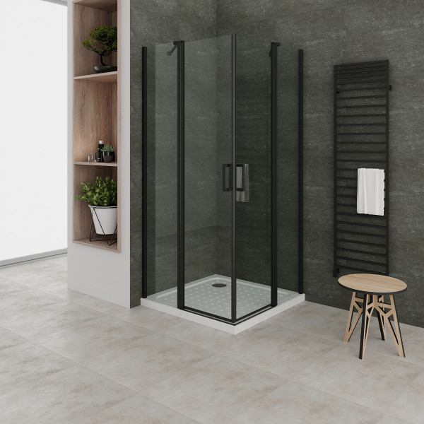 LINDA - Cabine de duche de entrada de canto com portas articuladas em vidro temperado e perfis preto