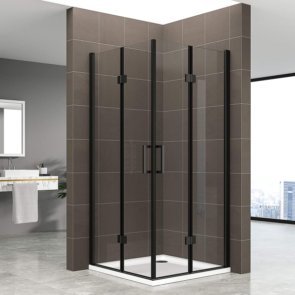 BELLE - Cabine de duche de entrada de canto com portas dobráveis em vidro temperado e perfis pretos