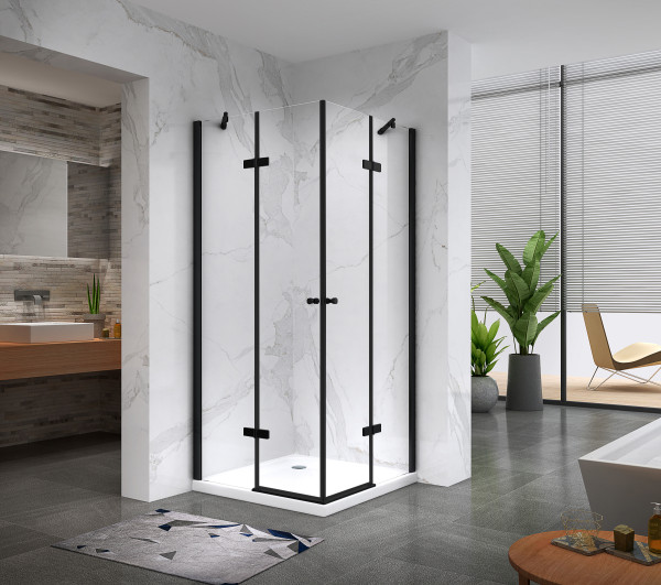 ALICE - Cabine de duche de canto com portas articuladas em vidro temperado e perfis pretos
