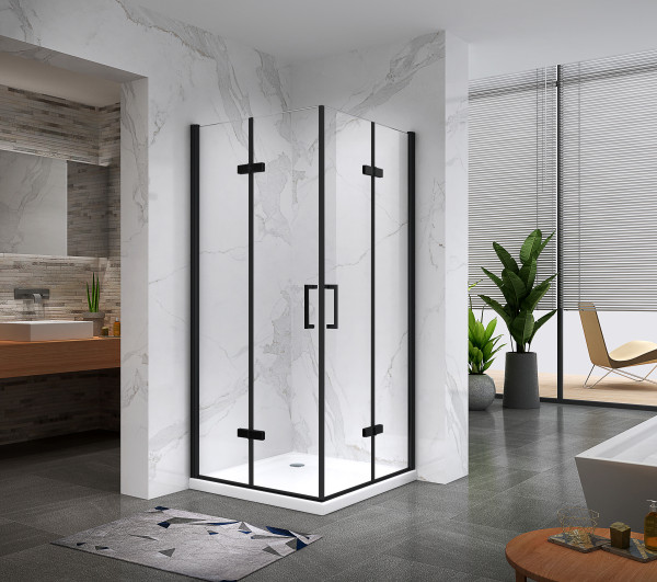MATILDE - Cabine de duche de entrada de canto com portas dobráveis em vidro temperado e perfis preto