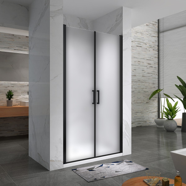 LARA - Frontal de duche em vidro temperado fosco de 6 mm, portas batentes e perfis pretos