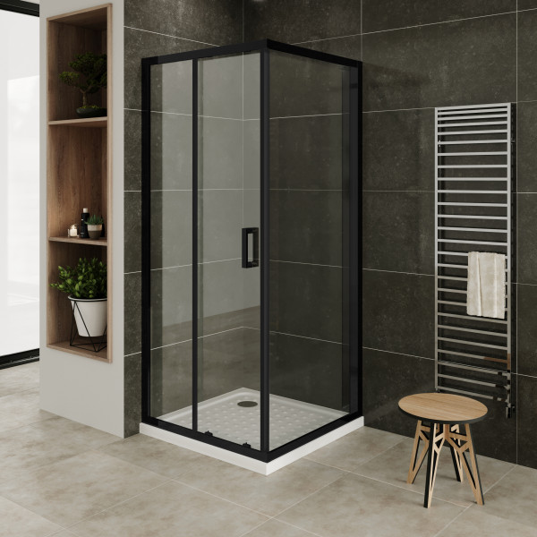 DORA - Frontal de duche com portas de correr em vidro temperado e com perfis em preto